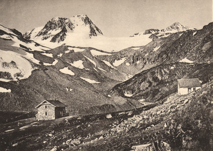 Die Dresdner H&uuml;tte im Stubaithale. Rechts 1875 und Links die 2. H&uuml;tte 1887.